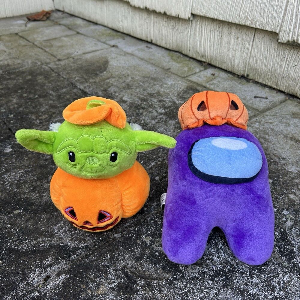 Halloween Plush Lot - Star Wars Yoda Pumpkin Squeaky Dog Toy & Purple Among Us